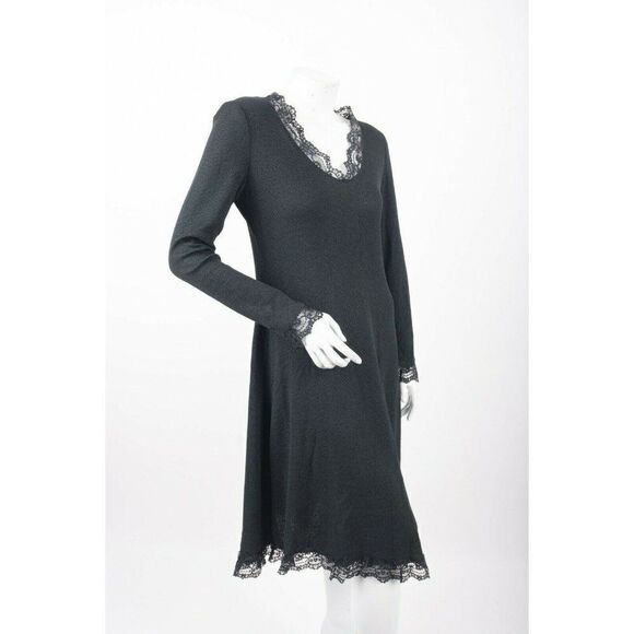 Vintage 70s Pat Richards Hostess Formal Knit Dress Black Knit Lace Trim Sz M - Picture 4 of 6